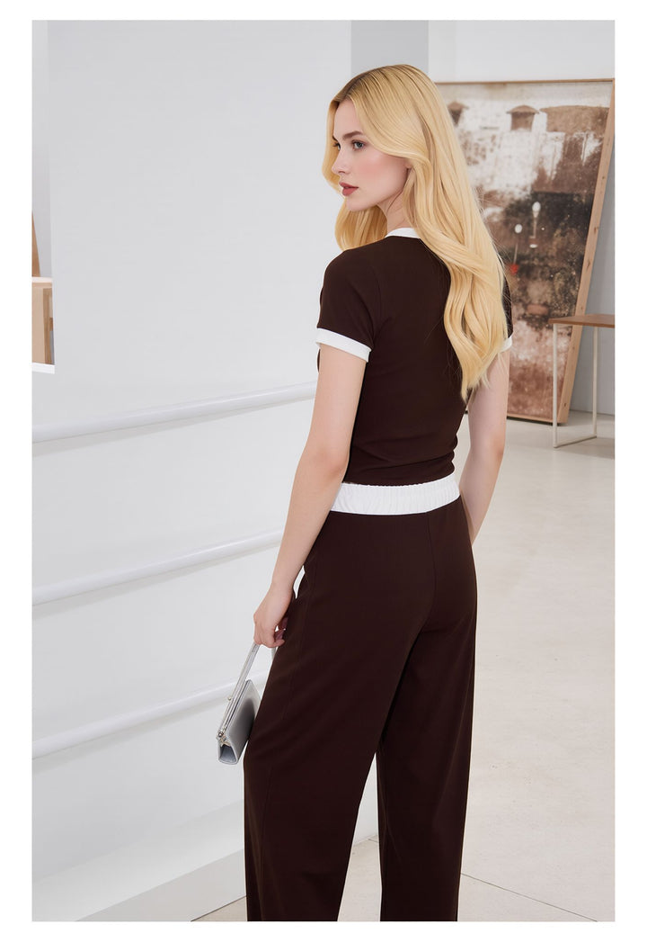 Brown Contrast Trim Lounge Set with Wide Leg Pants & Cropped T-Shirt Co-ord