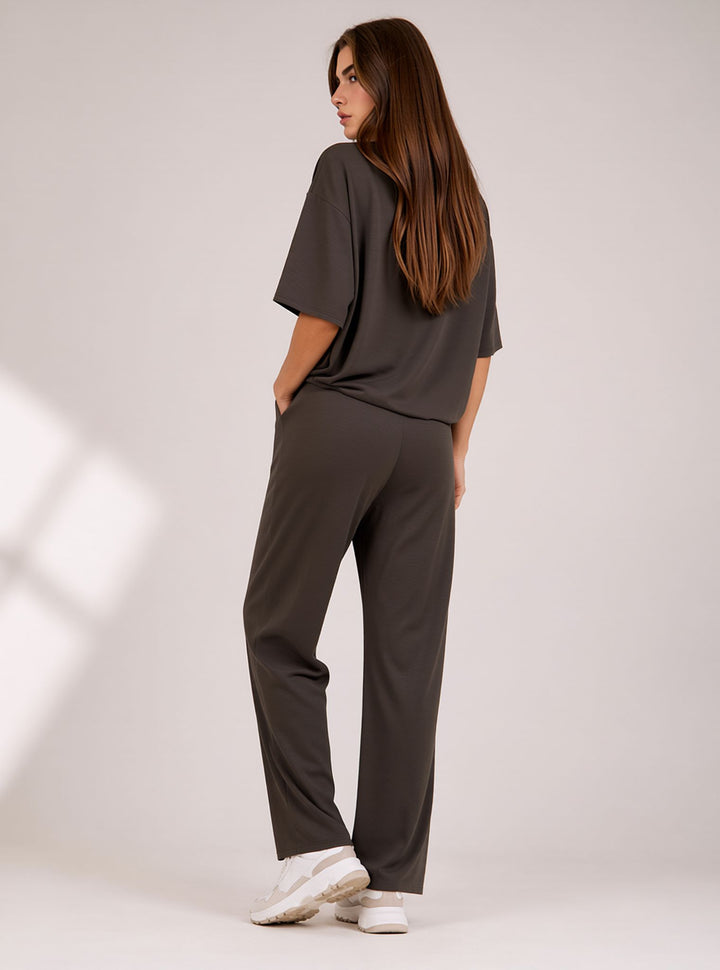 Brown Cropped Top & Wide Leg Trouser Set with Seam Detail Co-ord