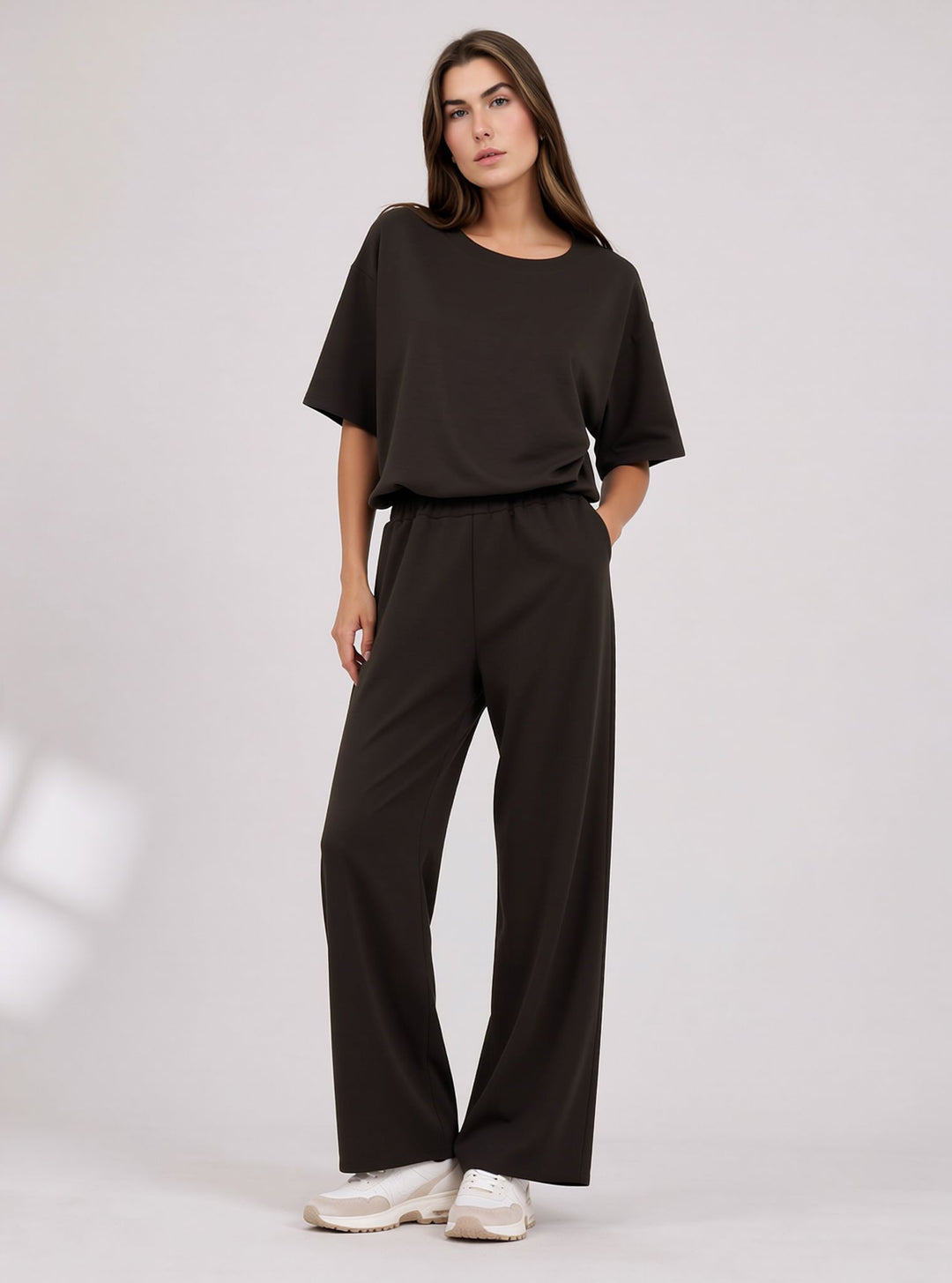 Brown Cropped Top & Wide Leg Trouser Set with Seam Detail Co-ord
