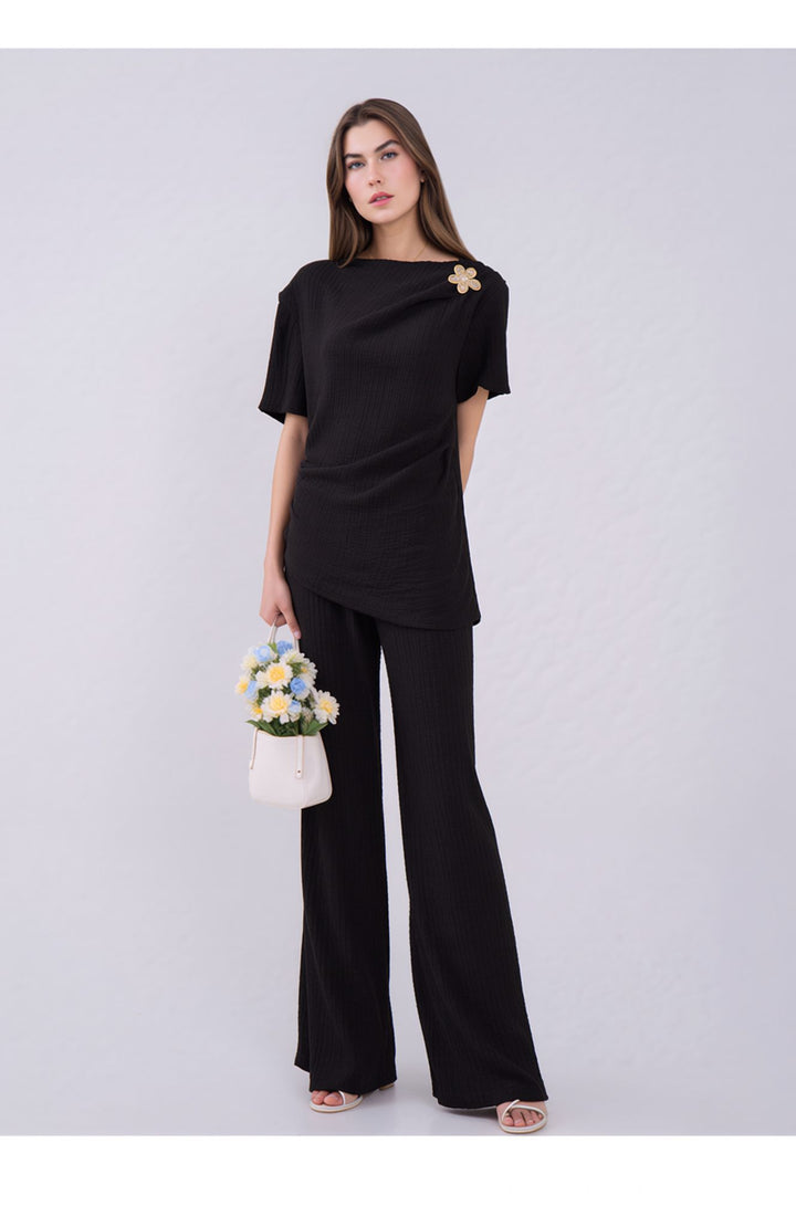 Brown Elegant Draped Co-Ord Set Wide Leg Trouser & Occasion Top Outfit
