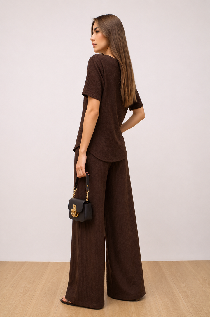 Brown Elegant Draped Co-Ord Set Wide Leg Trouser & Occasion Top Outfit