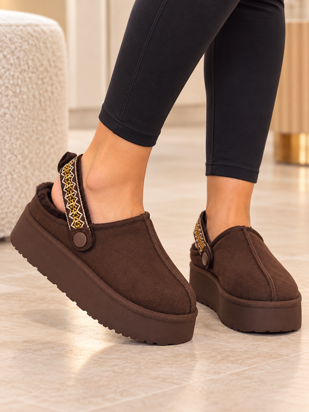 Brown Fur Lined Platform Mule Clogs with Slingback Strap