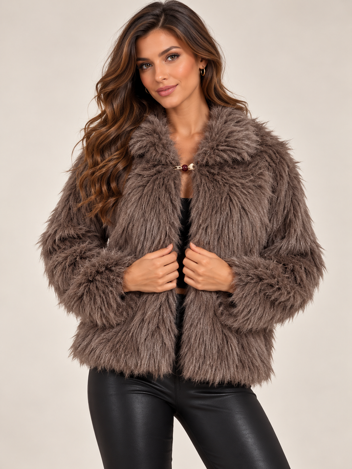 Brown Luxury Shaggy Faux Fur Jacket with Pearl Clasp