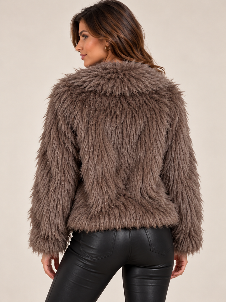 Brown Luxury Shaggy Faux Fur Jacket with Pearl Clasp