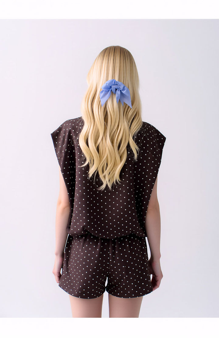 Brown Polka Dot Co-Ord Set Sleeveless Zip Front Top & Shorts Two Piece