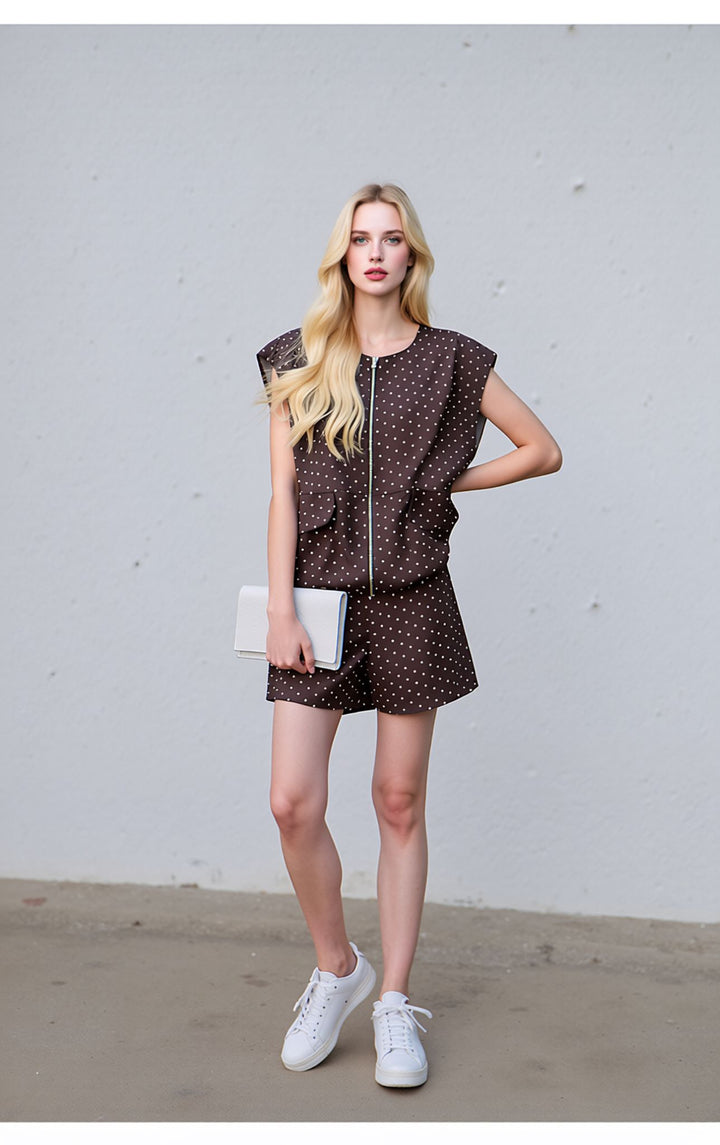 Brown Polka Dot Co-Ord Set Sleeveless Zip Front Top & Shorts Two Piece