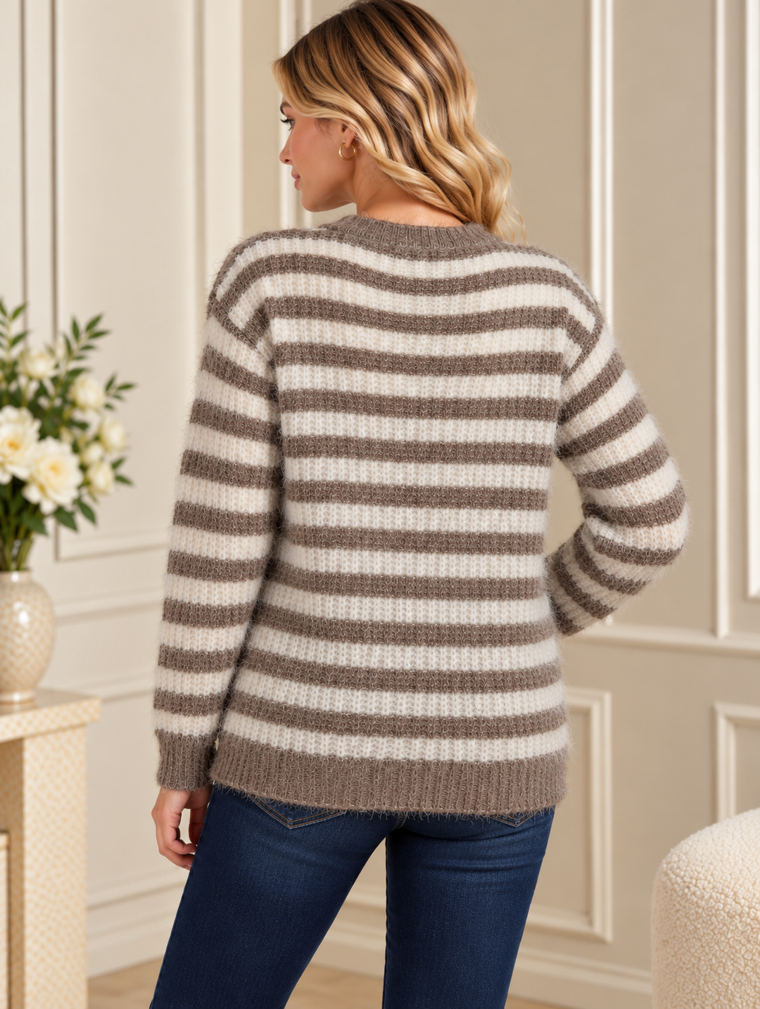 Brown Soft Fluffy Striped Crew Neck Knitted Jumper