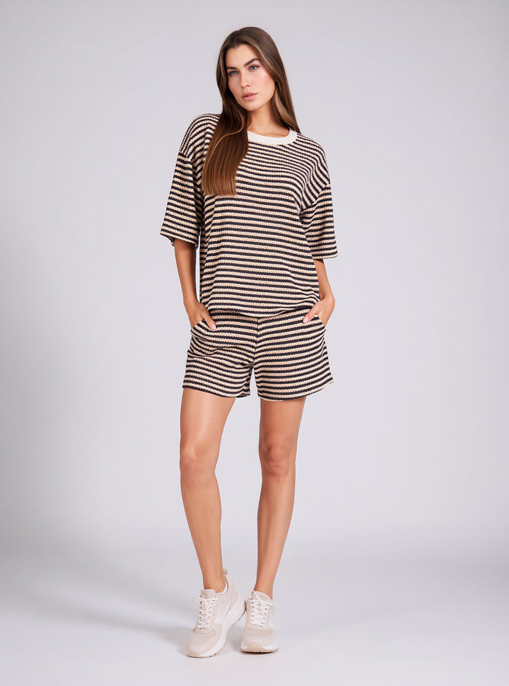 Brown Striped Co-Ord Shorts Set with Oversized Top