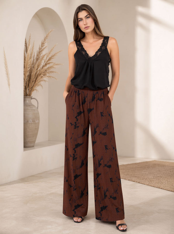 Brown Tie Dye Crinkle Pleated Wide Leg Trousers Elasticated Waist Printed Pants