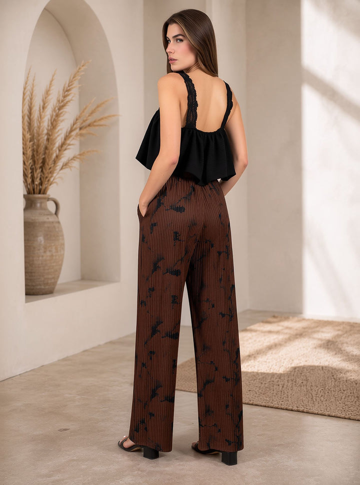 Brown Tie Dye Crinkle Pleated Wide Leg Trousers Elasticated Waist Printed Pants