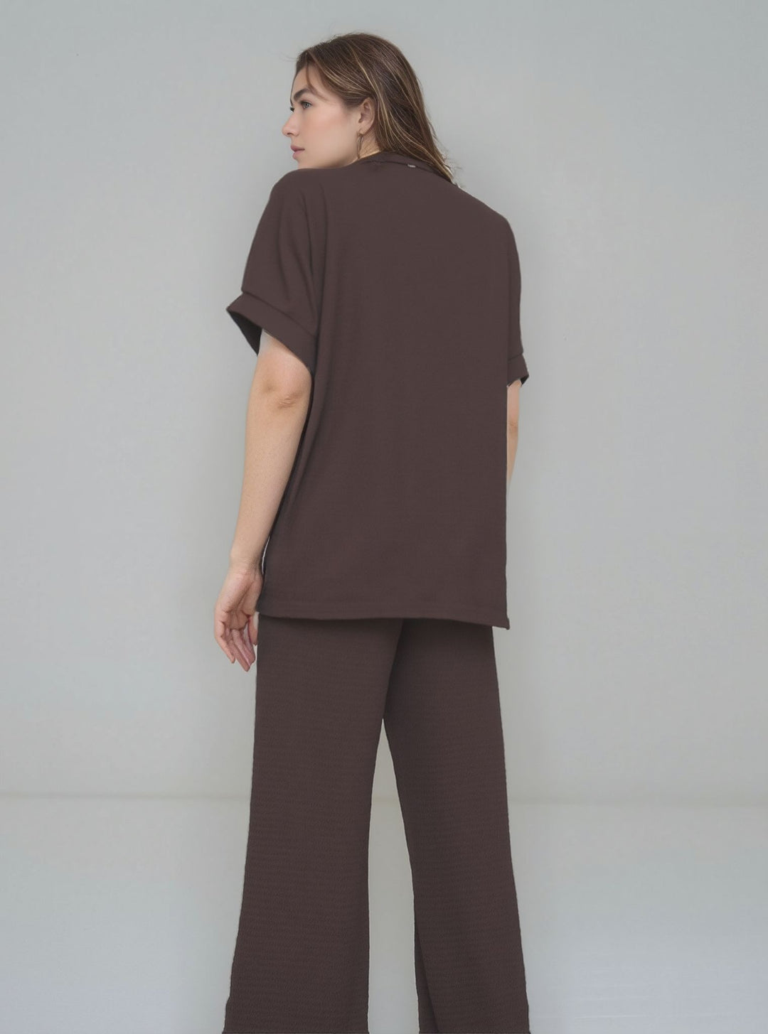 Brown Women's Gold Button Wide Leg Trouser Comfy Co - Ord