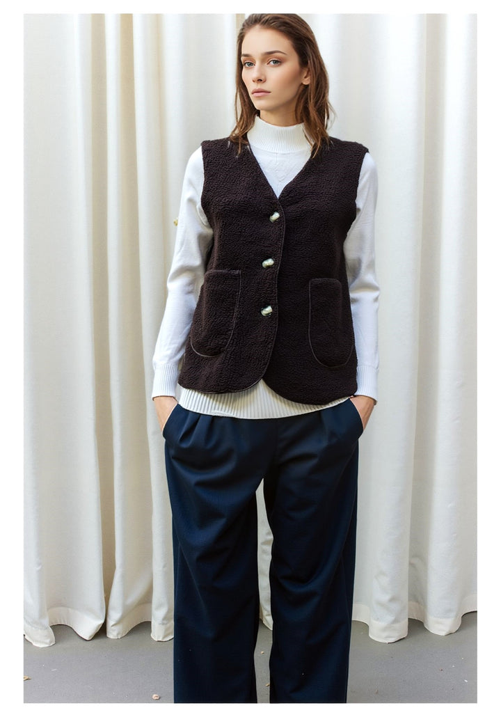 Brown Wool Blend Borg Button Waistcoat