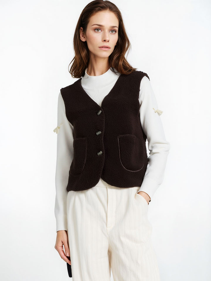 Brown Wool Blend Borg Button Waistcoat