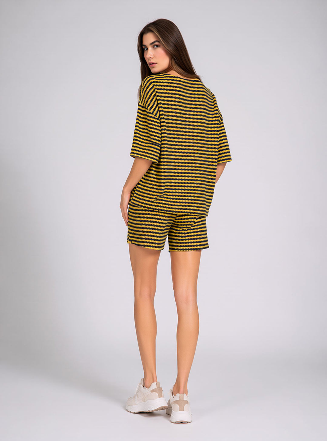Brown & Yellow Striped Knitted Co-Ord Shorts Set with Oversized Top