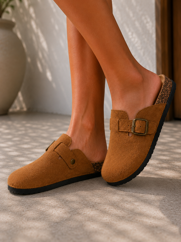 Camel Comfort Buckle Cork Footbed Clogs Slip-On Faux Suede Mules