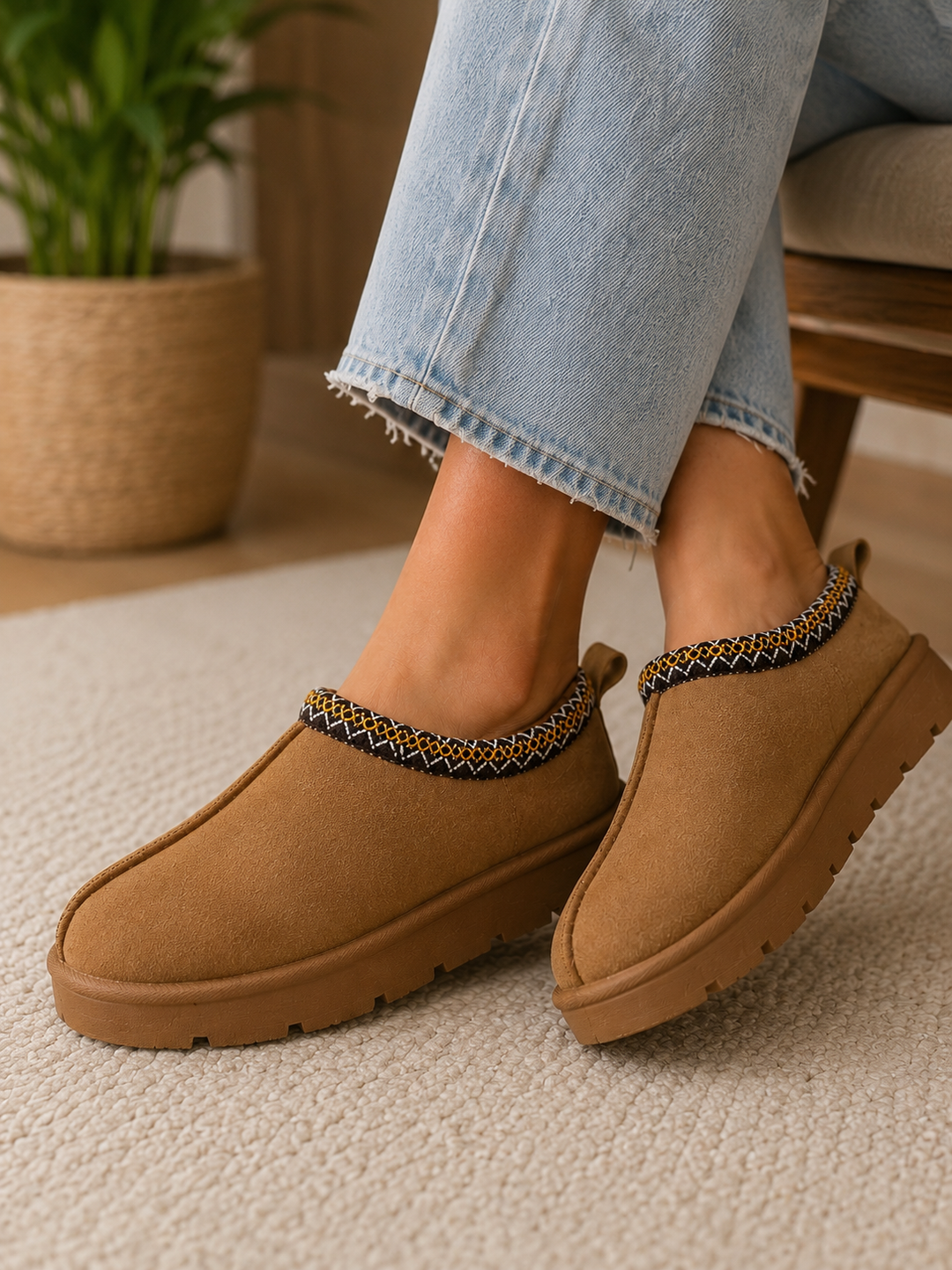 Camel Snug Mule Faux Suede Clogs Comfortable Slip-On Shoes with Patterned Trim
