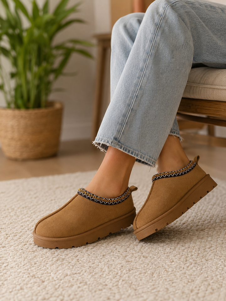 Camel Snug Mule Faux Suede Clogs Comfortable Slip-On Shoes with Patterned Trim
