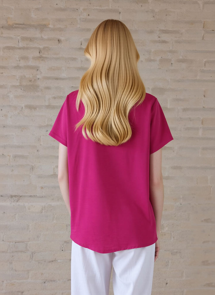 Cerise PInk Zip Front V-Neck Loose Fit Blouse Top