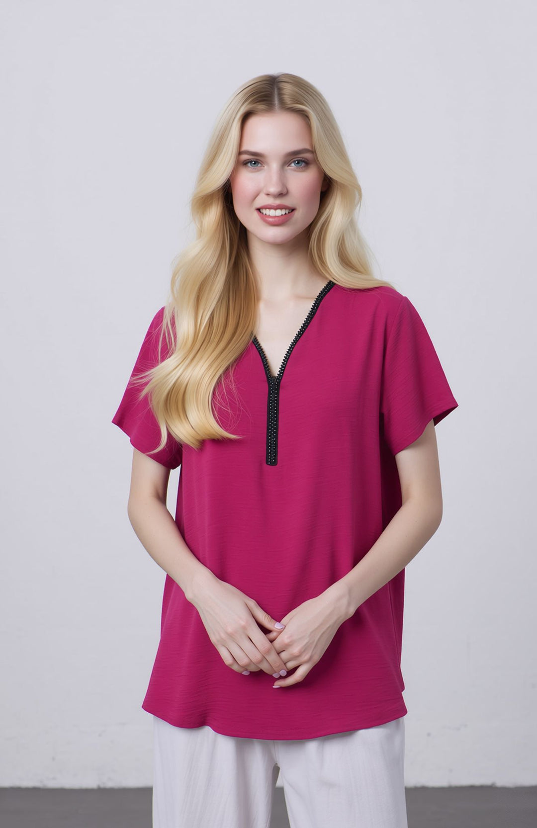 Cerise PInk Zip Front V-Neck Loose Fit Blouse Top