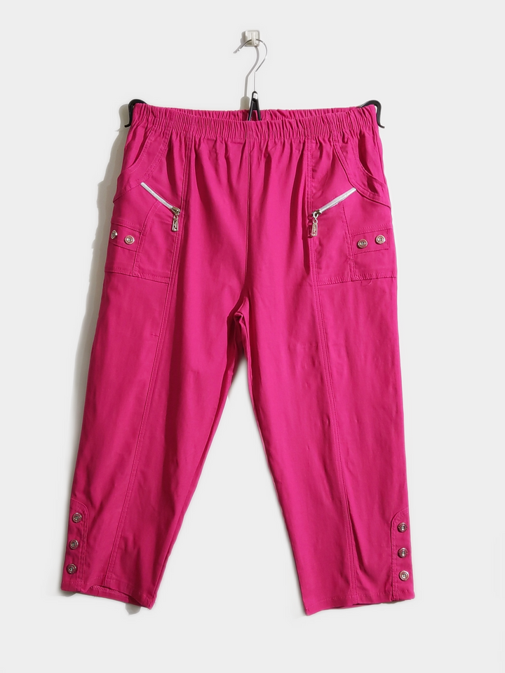 Cerise Pink Cotton Stretch Elasticated Waist Cropped Trouser