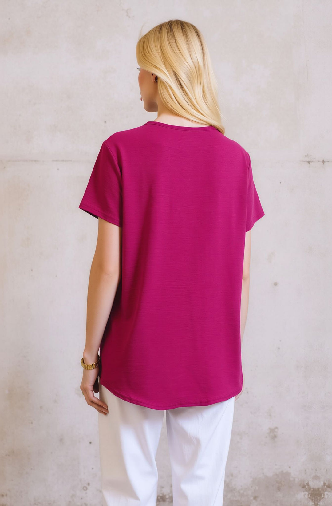 Cerise Pink V-Neck Button Front Blouse Casual Loose Short Sleeve Top