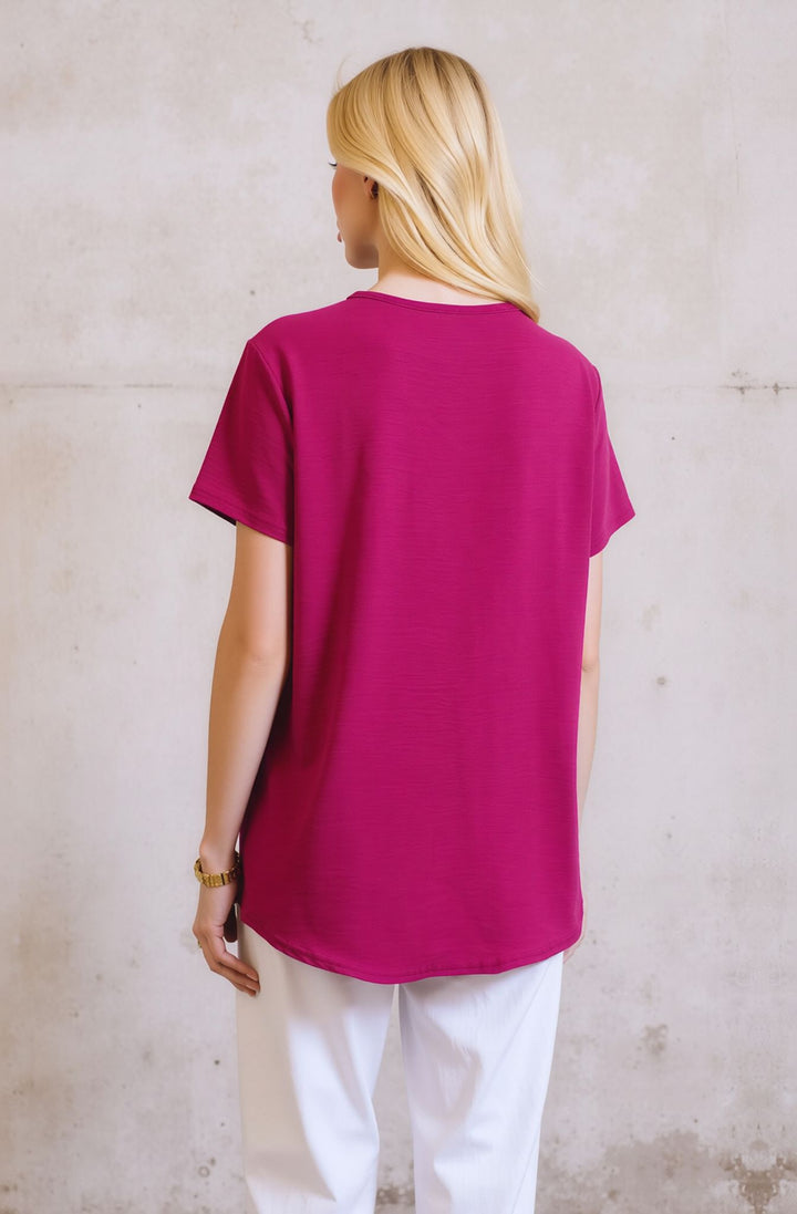 Cerise Pink V-Neck Button Front Blouse Casual Loose Short Sleeve Top