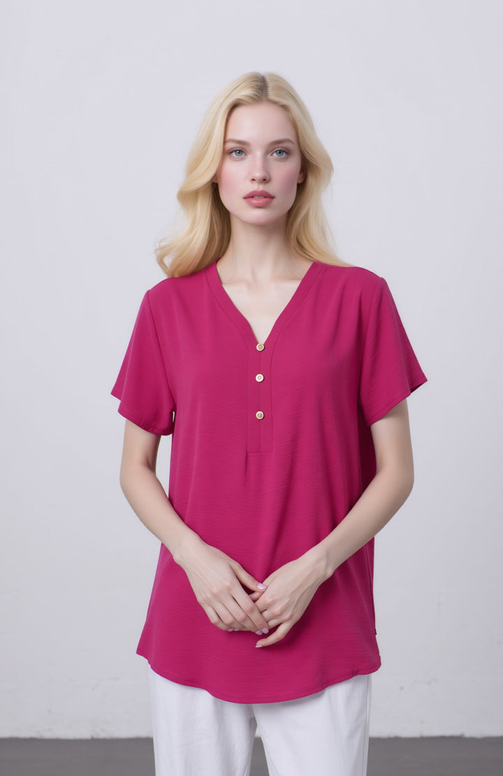 Cerise Pink V-Neck Button Front Blouse Casual Loose Short Sleeve Top