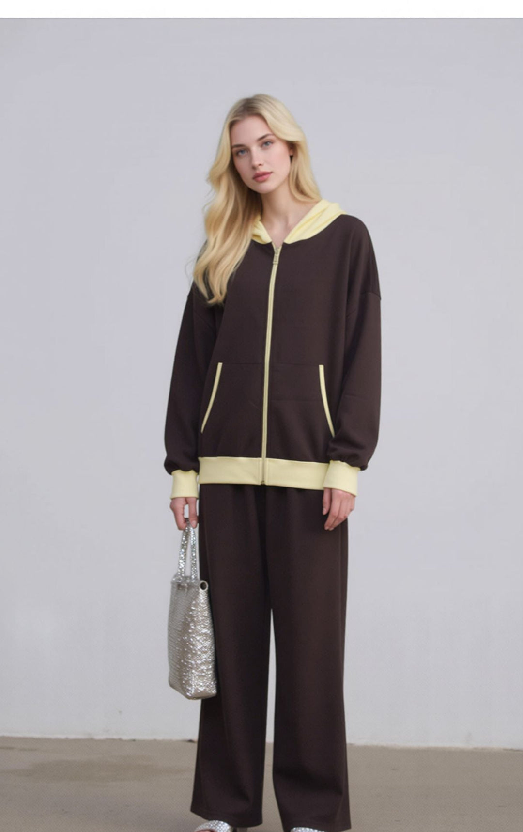 Chocolate Brown Contrast Zip Hoodie Loungewear Set