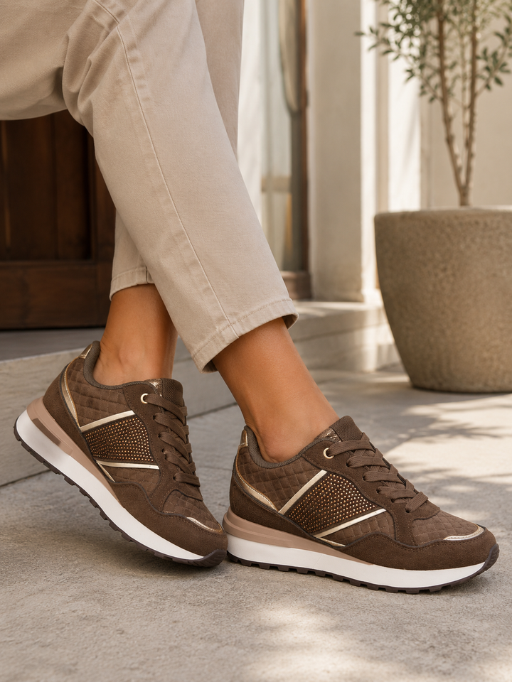 Chocolate Brown Diamante Lace-Up Fashion Trainers with Metallic Detail & Cushioned Sole