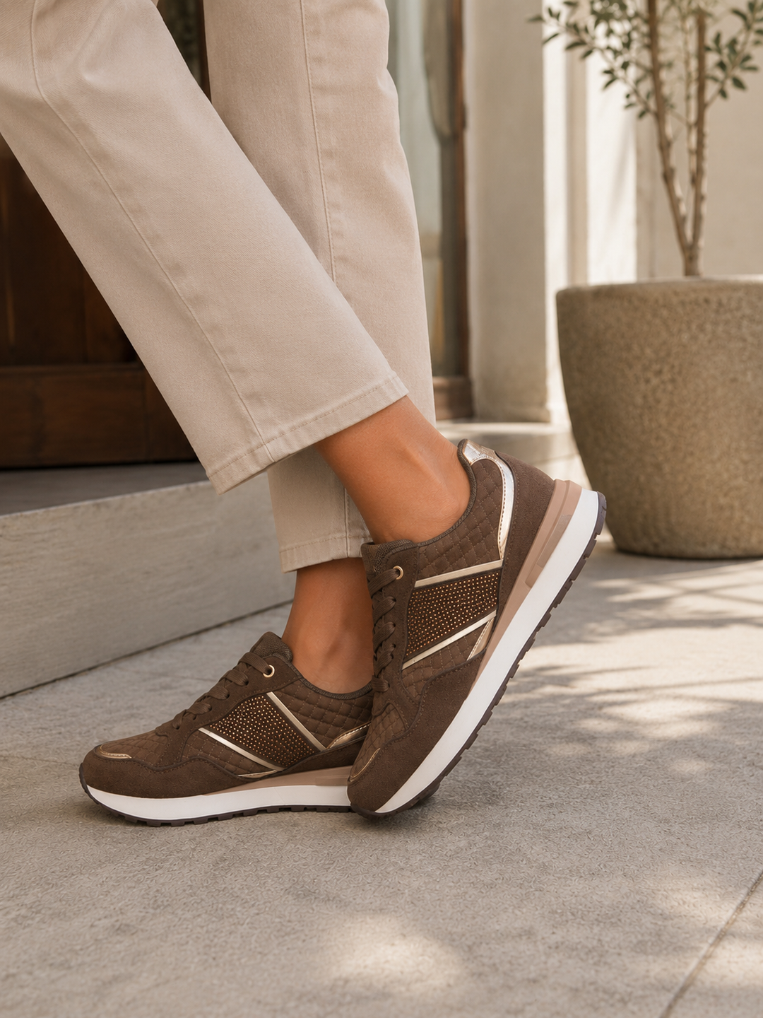 Chocolate Brown Diamante Lace-Up Fashion Trainers with Metallic Detail & Cushioned Sole