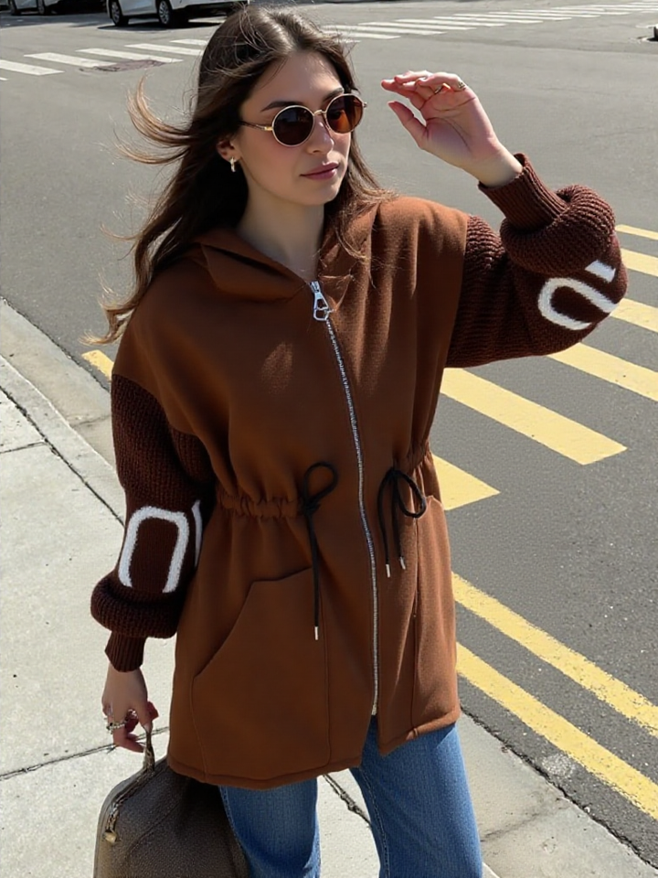 Chocolate Brown Love Knit Sleeves Zipper Drawstring Coat