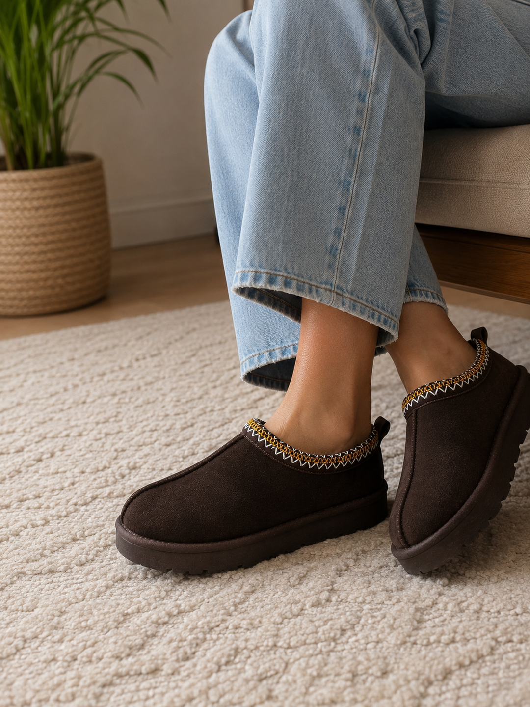 Chocolate Brown Snug Mule Faux Suede Clogs Comfortable Slip-On Shoes with Patterned Trim Slippers
