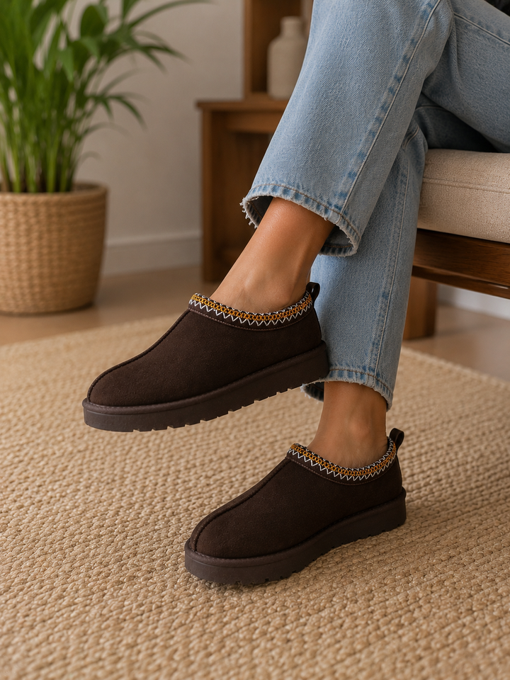 Chocolate Brown Snug Mule Faux Suede Clogs Comfortable Slip-On Shoes with Patterned Trim Slippers