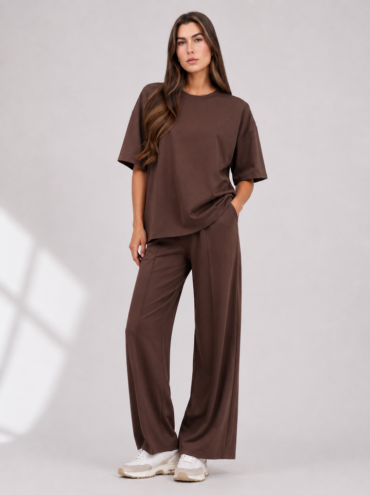 Chocolate Brown Two Piece Co-Ord Set Oversize Top with Seam Detail Wide Leg Trousers
