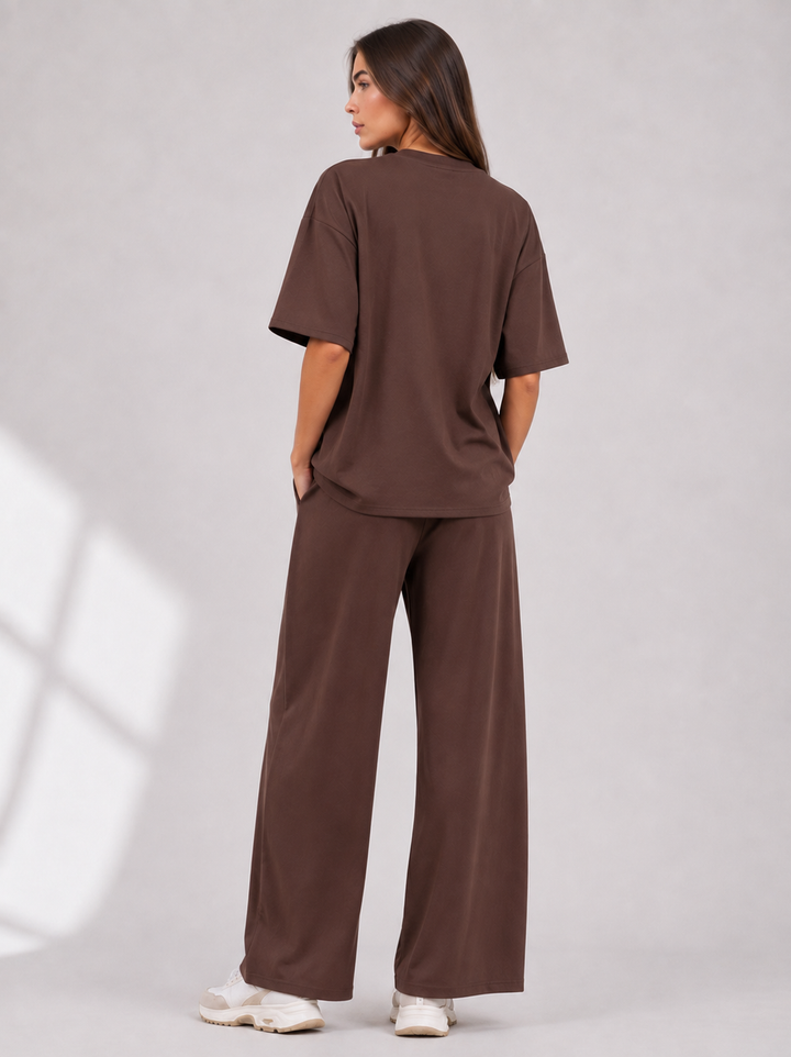 Chocolate Brown Two Piece Co-Ord Set Oversize Top with Seam Detail Wide Leg Trousers