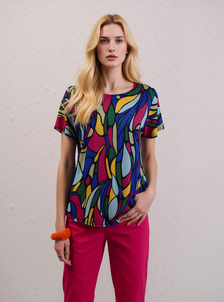 Colorful Abstract Print Short Sleeve Summer Blouse Top with Necklace