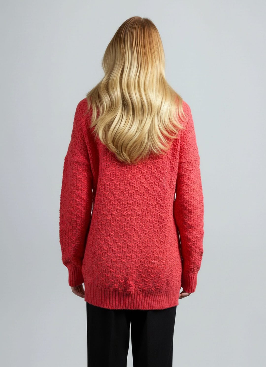 Coral Cable Knit Round Neck Cardigan with Pockets
