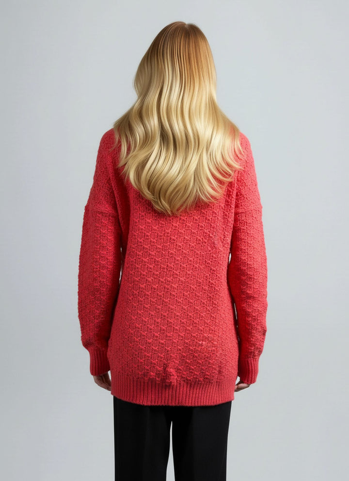 Coral Cable Knit Round Neck Cardigan with Pockets