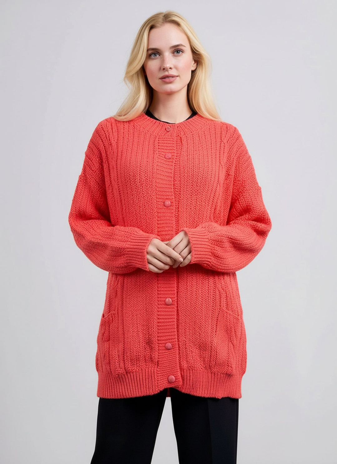 Coral Cable Knit Round Neck Cardigan with Pockets
