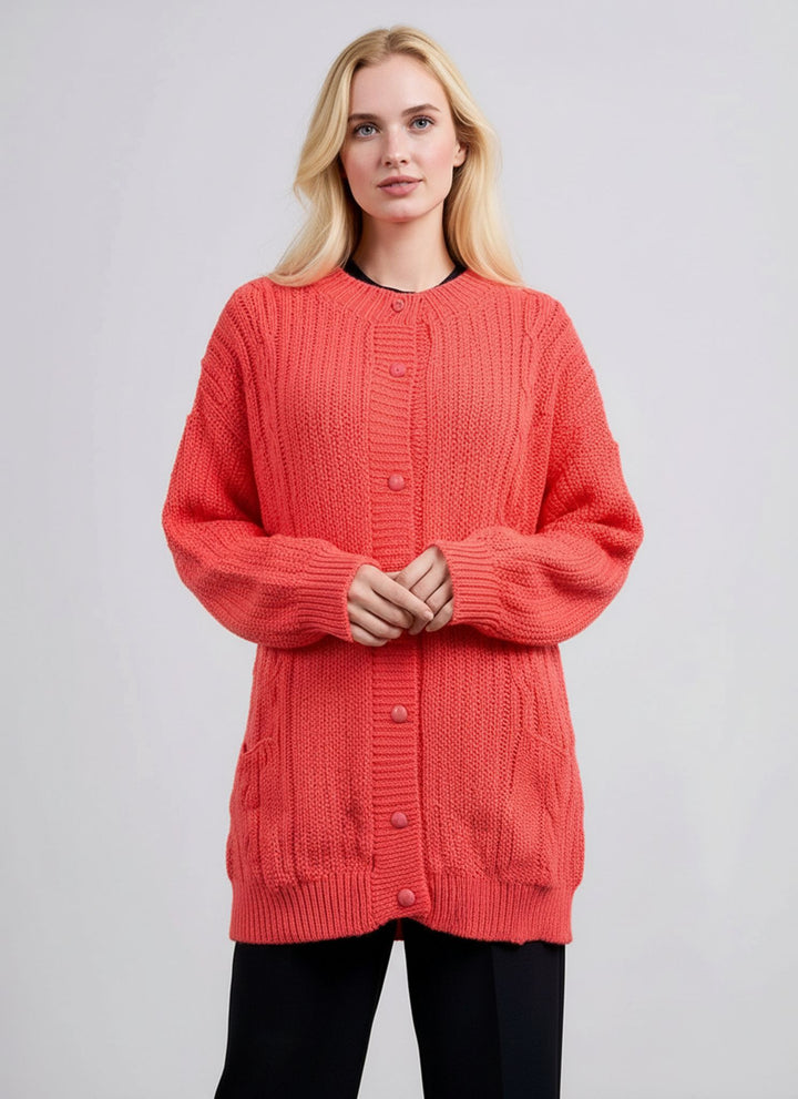 Coral Cable Knit Round Neck Cardigan with Pockets