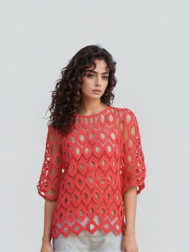 Coral Diamond Crochet Two Piece Batwing Top