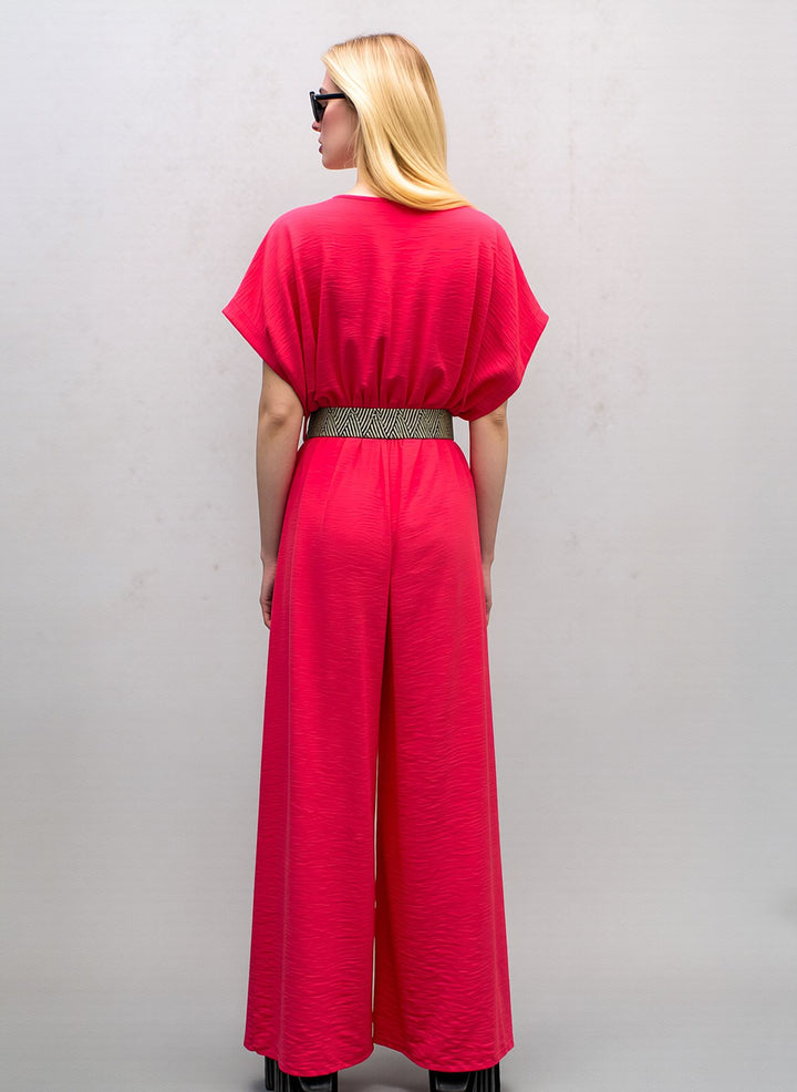 Coral Pink V-Neck Wide Leg Jumpsuit with Belt
