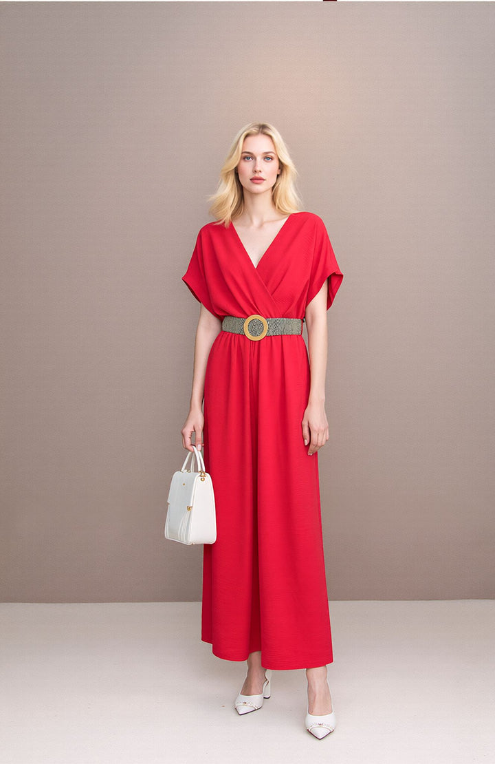 Coral Pink V-Neck Wide Leg Jumpsuit with Belt