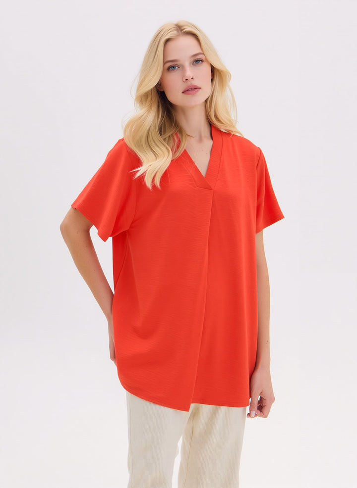 Coral V-Neck Blouse Short Sleeve Top
