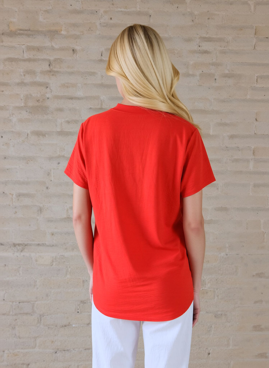 Coral V-Neck Blouse Short Sleeve Top