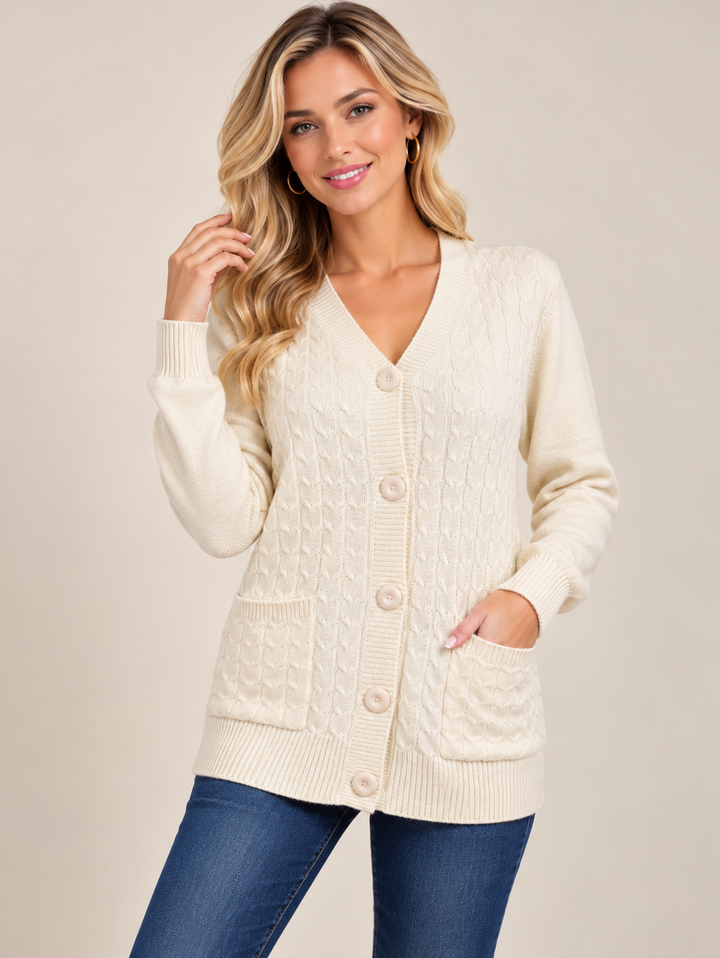Cream Classic Cable Knit V-Neck Button Cardigan with Pockets