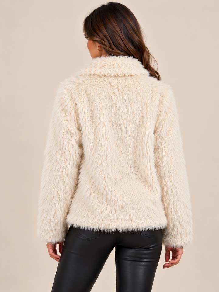 Cream Collar Luxury Long Pile Faux Fur Zip-Up Jacket