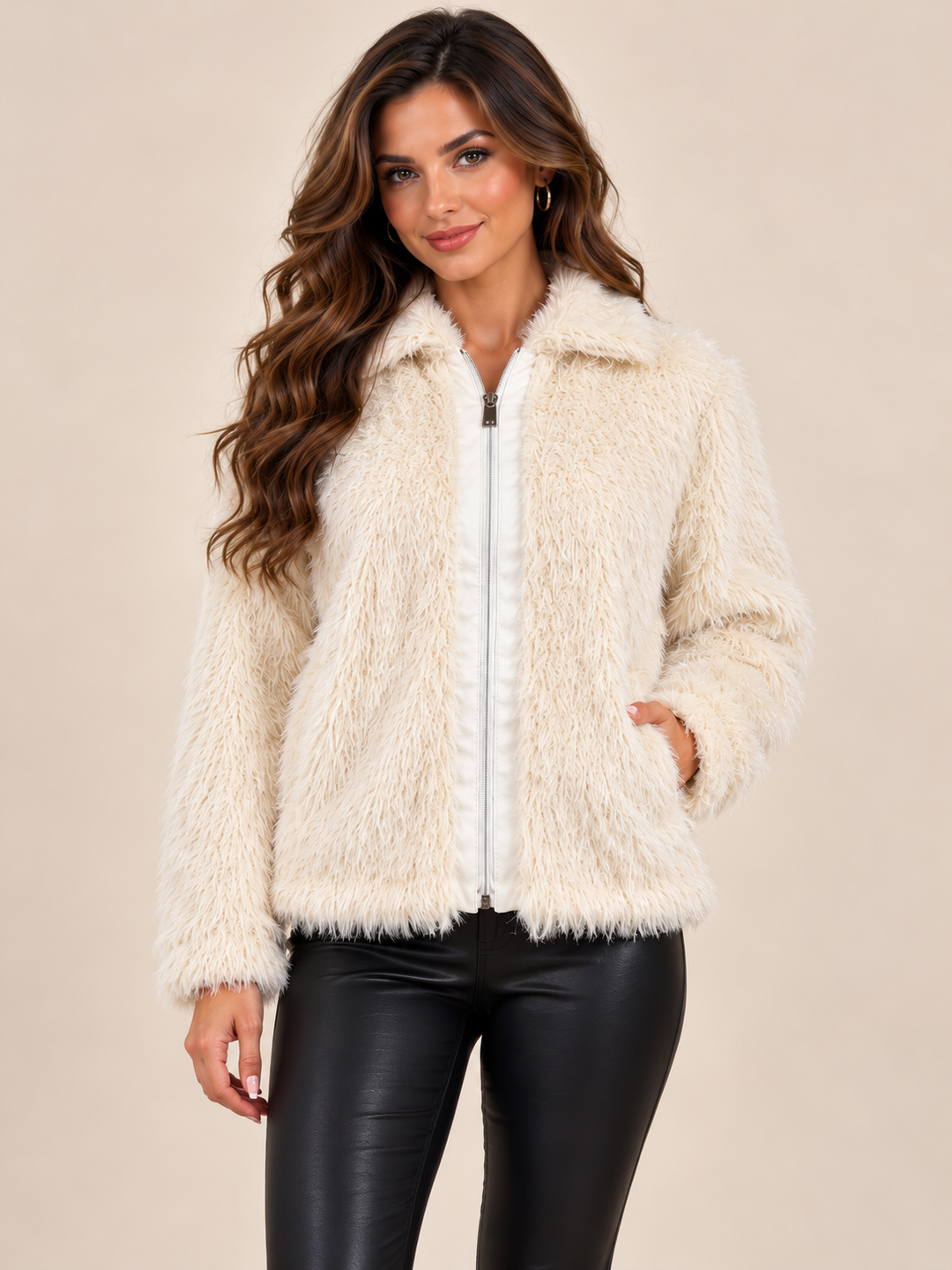Cream Collar Luxury Long Pile Faux Fur Zip-Up Jacket