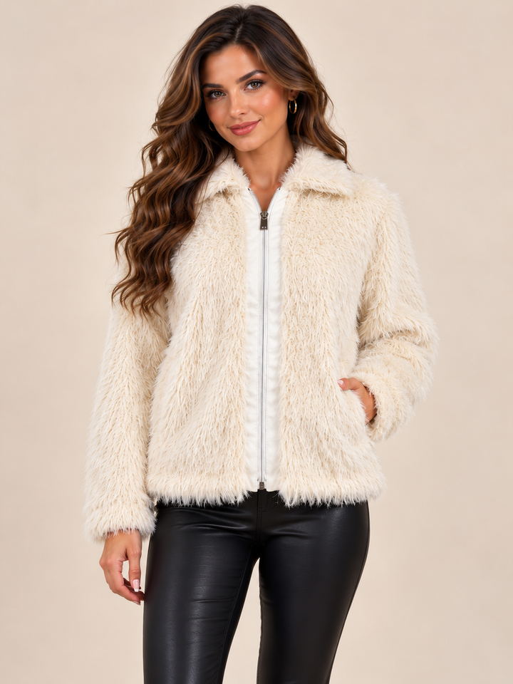 Cream Collar Luxury Long Pile Faux Fur Zip-Up Jacket