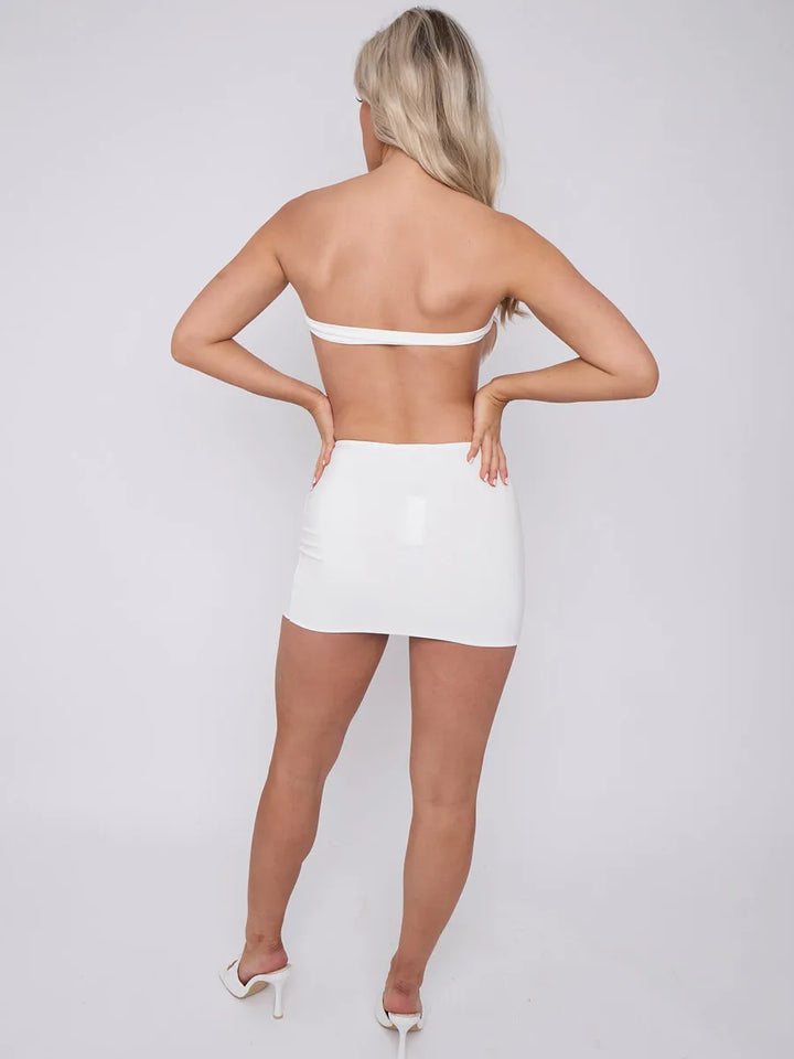 Cream Diamante Buckle Bandeau Crop Top & Mini Skirt Co-ord